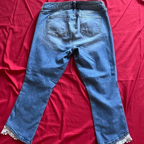 Torrid Blue Denim Cropped Jeans with Lace Hem - Picture 3 of 5